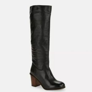 Seychelles Round Toe Obsidian Black Leather Knee High Boots with Wood Heel